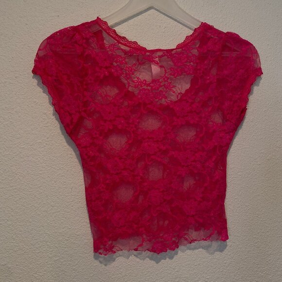 Hot Pink Lace‎ Stretch Crop Top by Bozzolo Size Medium - Picture 2 of 5